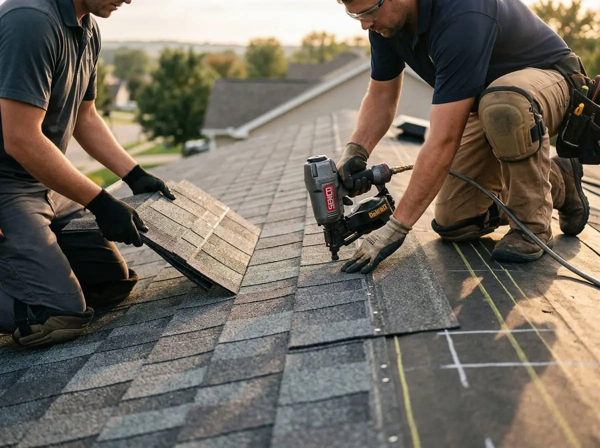 Professional roofer working on a residential roof in Rossville